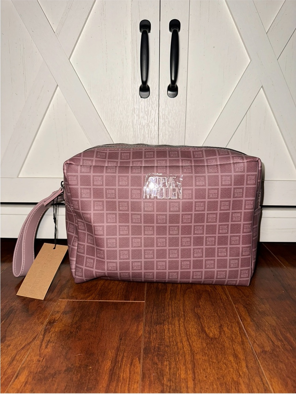 Steve Madden Mauve Checkered Logo Print Large Cosmetic Bag